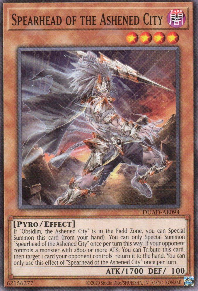 This is an image for the product Spearhead of the Ashened City that has a rarity of Common in the Duelist's Advance with a card code of DUAD-AE094 that is available on the TEKKX Product website.