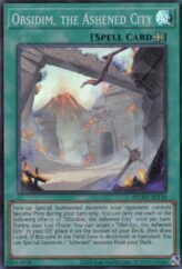 This is an image for the product Obsidim, the Ashened City that has a rarity of Super Rare in the Duelist's Advance with a card code of DUAD-AE110 that is available on the TEKKX Product website.