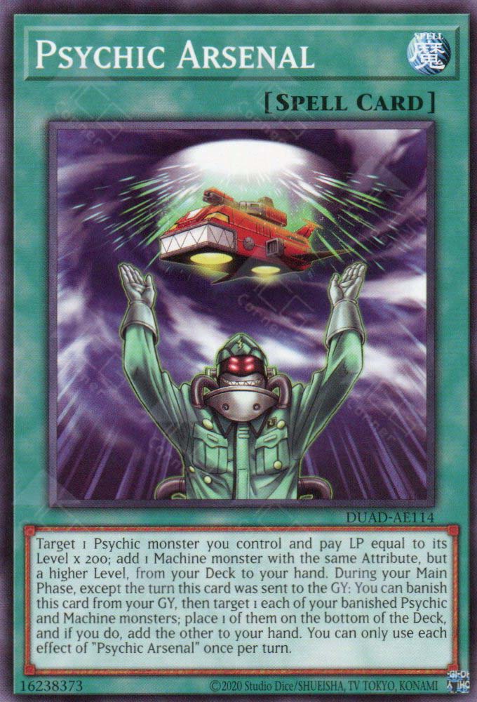 This is an image for the product Psychic Arsenal that has a rarity of Common in the Duelist's Advance with a card code of DUAD-AE114 that is available on the TEKKX Product website.