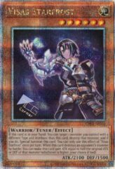 This is an image for the product Visas Starfrost that has a rarity of Quarter Century Secret Rare in the Creation Pack 01 with a card code of CR01-AE050 that is available on the TEKKX Product website.