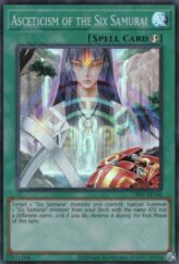 This is an image for the product Asceticism of the Six Samurai that has a rarity of Super Rare in the Creation Pack 05 with a card code of CR05-AE145 that is available on the TEKKX Product website.