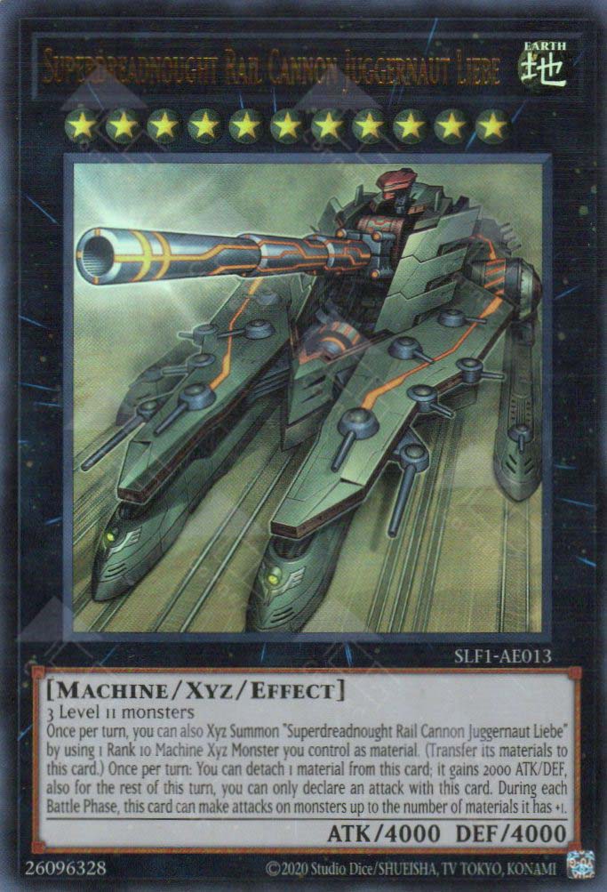 This is an image for the product Superdreadnought Rail Cannon Juggernaut Liebe that has a rarity of Ultra Rare in the Selection 5: Quarter Century Edition with a card code of SLF1-AE013 that is available on the TEKKX Product website.