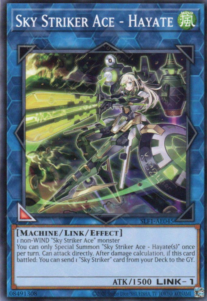 This is an image for the product Sky Striker Ace - Hayate that has a rarity of Common in the Selection 5: Quarter Century Edition with a card code of SLF1-AE045 that is available on the TEKKX Product website.