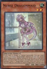 This is an image for the product Nurse Dragonmaid that has a rarity of Super Rare in the Selection 5: Quarter Century Edition with a card code of SLF1-AE063 that is available on the TEKKX Product website.
