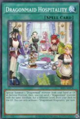 This is an image for the product Dragonmaid Hospitality that has a rarity of Normal Parallel Rare in the Selection 5: Quarter Century Edition with a card code of SLF1-AE074 that is available on the TEKKX Product website.