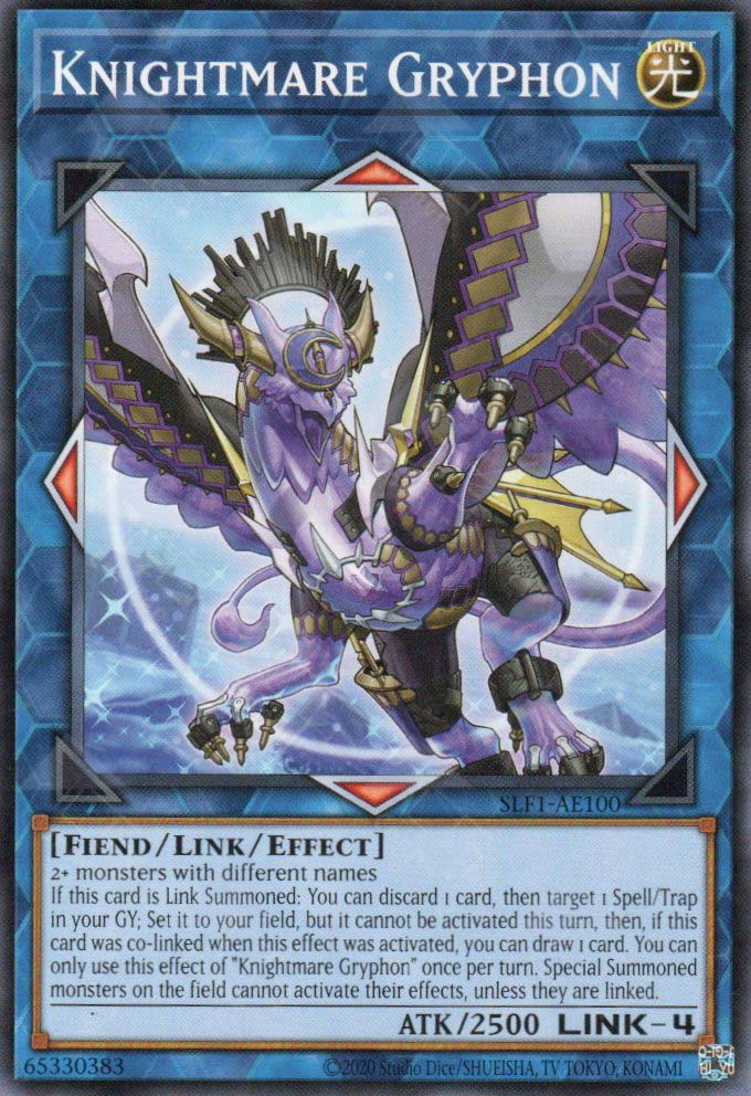 This is an image for the product Knightmare Gryphon that has a rarity of Common in the Selection 5: Quarter Century Edition with a card code of SLF1-AE100 that is available on the TEKKX Product website.