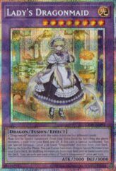 This is an image for the product Lady's Dragonmaid that has a rarity of Prismatic Secret Rare in the Creation Pack 09 with a card code of CR09-AE091 that is available on the TEKKX Product website.