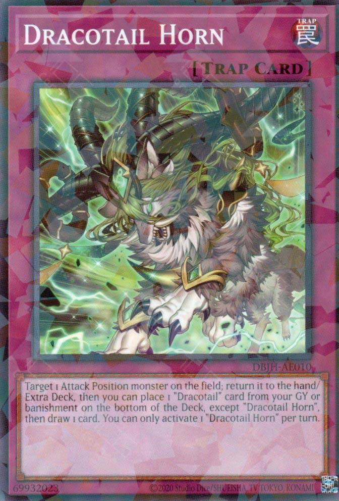This is an image for the product Dracotail Horn that has a rarity of Normal Parallel Rare in the Deck-Build Pack: Justice Hunters with a card code of DBJH-AE010 that is available on the TEKKX Product website.