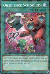 This is an image for the product Obedience Schooled that has a rarity of Normal Parallel Rare in the Deck-Build Pack: Justice Hunters with a card code of DBJH-AE029 that is available on the TEKKX Product website.
