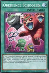 This is an image for the product Obedience Schooled that has a rarity of Common in the Deck-Build Pack: Justice Hunters with a card code of DBJH-AE029 that is available on the TEKKX Product website.