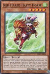 This is an image for the product Red Hared Hasty Horse that has a rarity of Common in the Deck-Build Pack: Justice Hunters with a card code of DBJH-AE048 that is available on the TEKKX Product website.