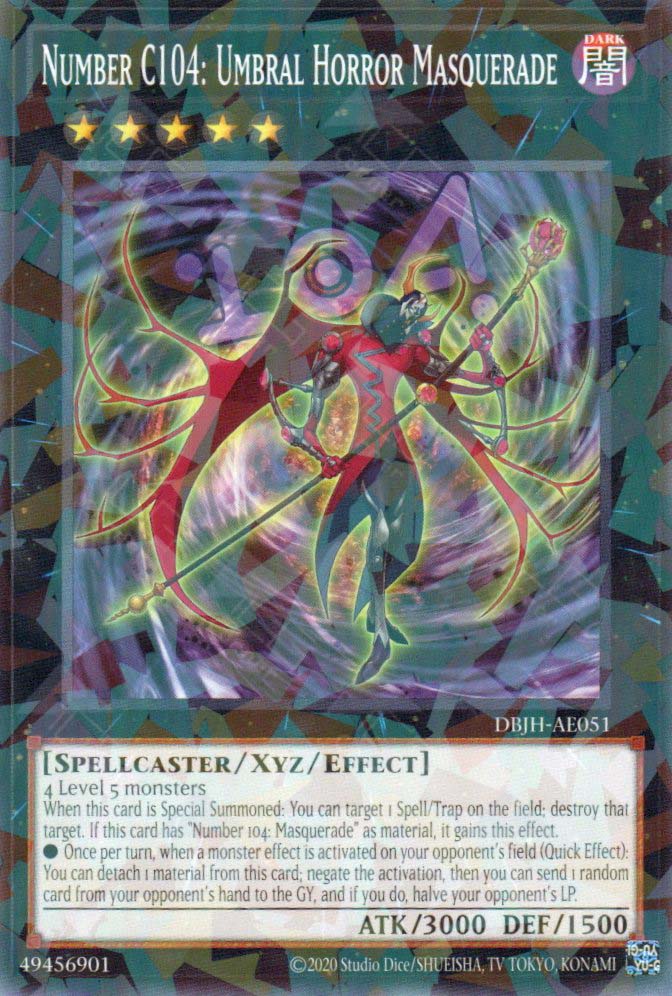 This is an image for the product Number C104: Umbral Horror Masquerade that has a rarity of Normal Parallel Rare in the Deck-Build Pack: Justice Hunters with a card code of DBJH-AE051 that is available on the TEKKX Product website.