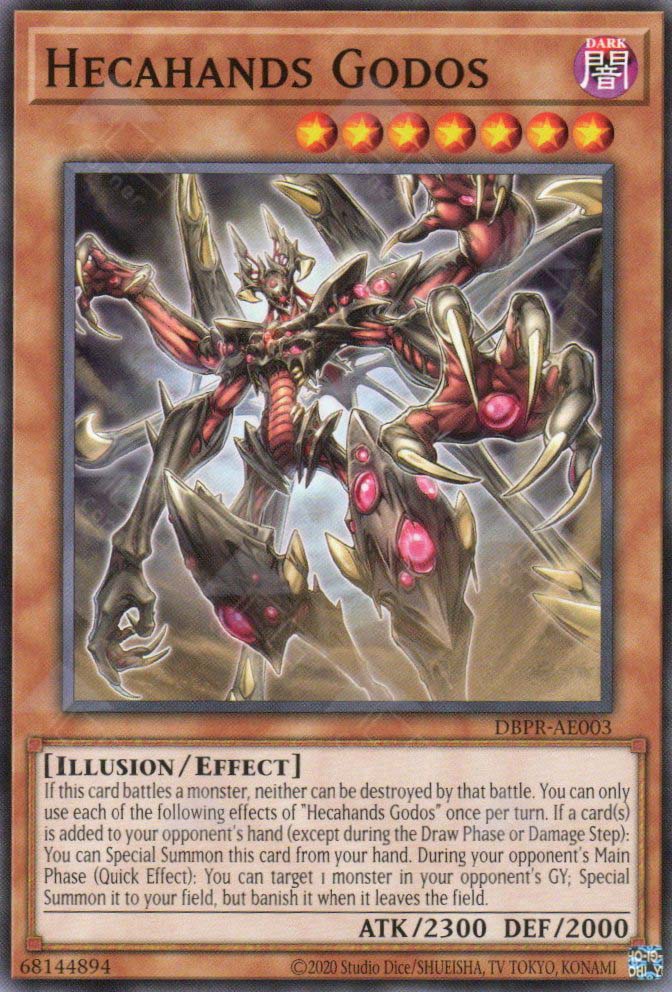 This is an image for the product Hecahands Godos that has a rarity of Common in the Deck-Build Pack: Phantom Revengers with a card code of DBPR-AE003 that is available on the TEKKX Product website.