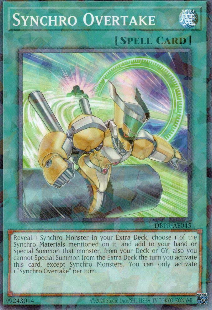 This is an image for the product Synchro Overtake that has a rarity of Normal Parallel Rare in the Deck-Build Pack: Phantom Revengers with a card code of DBPR-AE045 that is available on the TEKKX Product website.