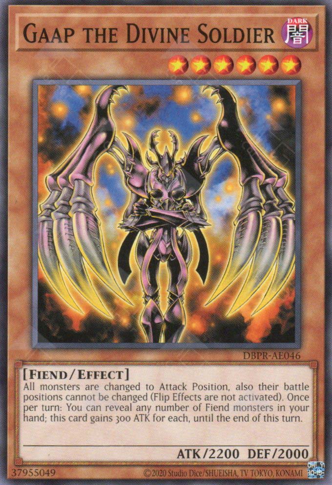 This is an image for the product Gaap the Divine Soldier that has a rarity of Common in the Deck-Build Pack: Phantom Revengers with a card code of DBPR-AE046 that is available on the TEKKX Product website.