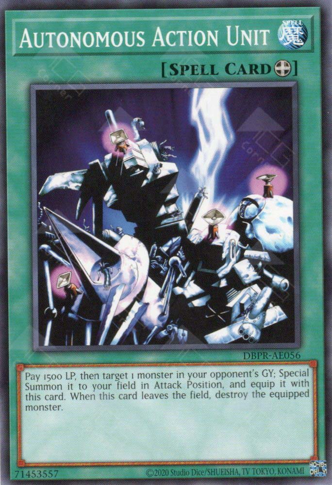 This is an image for the product Autonomous Action Unit that has a rarity of Common in the Deck-Build Pack: Phantom Revengers with a card code of DBPR-AE056 that is available on the TEKKX Product website.