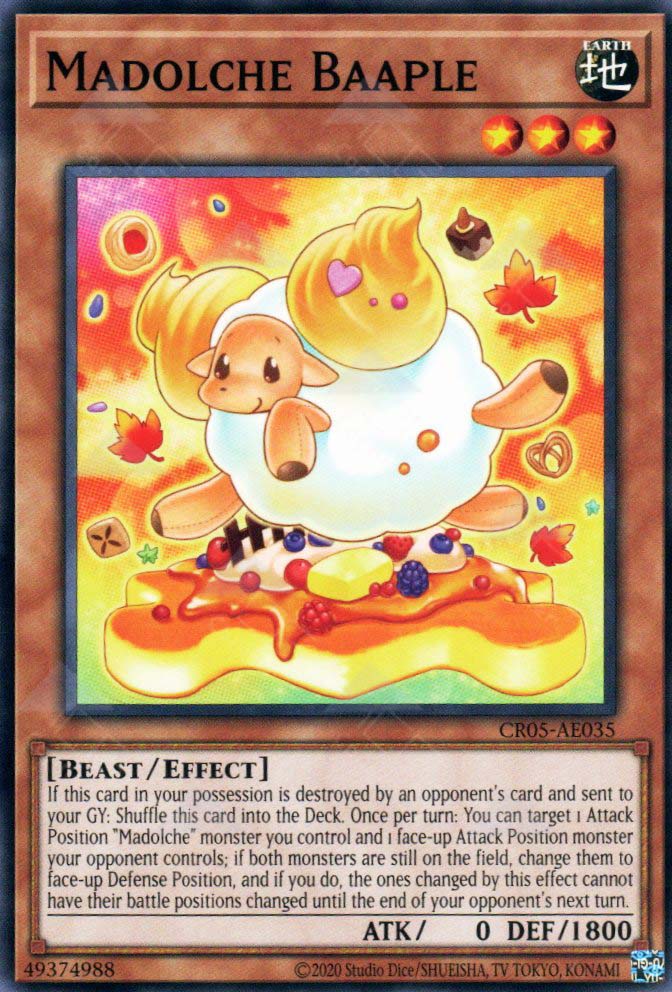 This is an image for the product Madolche Baaple that has a rarity of Common in the Creation Pack 05 with a card code of CR05-AE035 that is available on the TEKKX Product website.