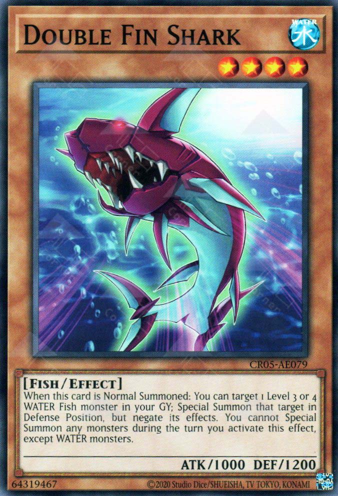This is an image for the product Double Fin Shark that has a rarity of Common in the Creation Pack 05 with a card code of CR05-AE079 that is available on the TEKKX Product website.