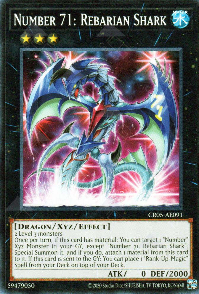 This is an image for the product Number 71: Rebarian Shark that has a rarity of Common in the Creation Pack 05 with a card code of CR05-AE091 that is available on the TEKKX Product website.