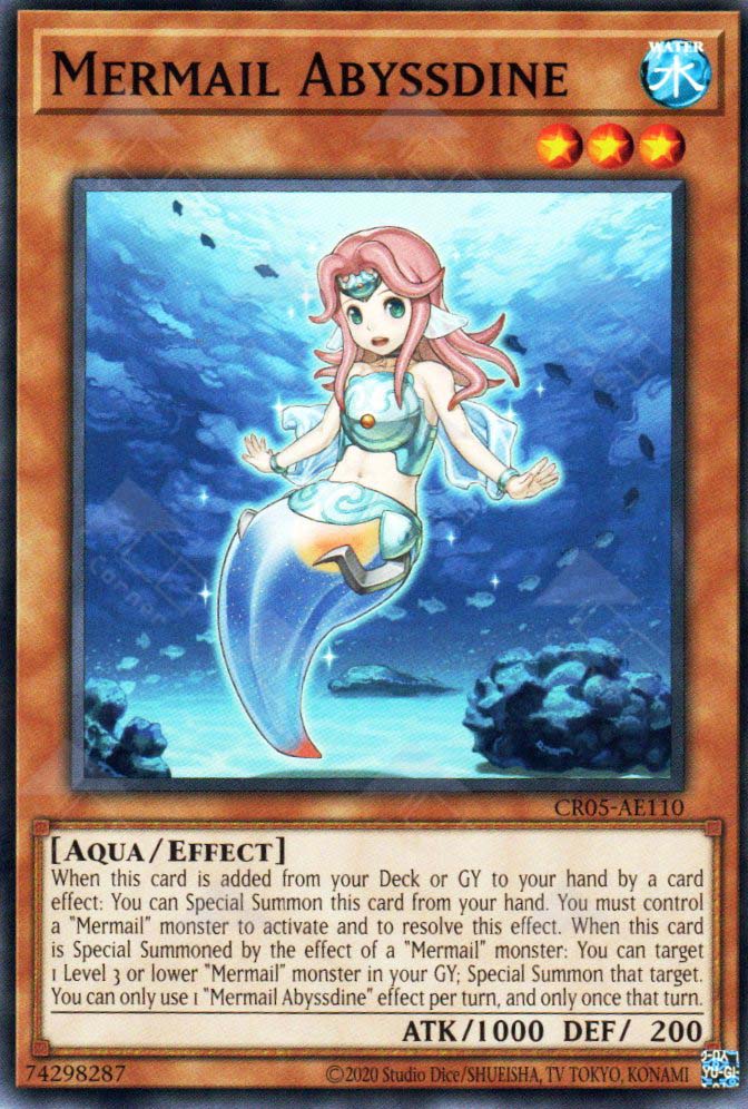 This is an image for the product Mermail Abyssdine that has a rarity of Common in the Creation Pack 05 with a card code of CR05-AE110 that is available on the TEKKX Product website.