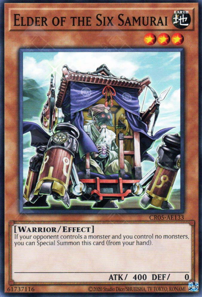This is an image for the product Elder of the Six Samurai that has a rarity of Common in the Creation Pack 05 with a card code of CR05-AE133 that is available on the TEKKX Product website.