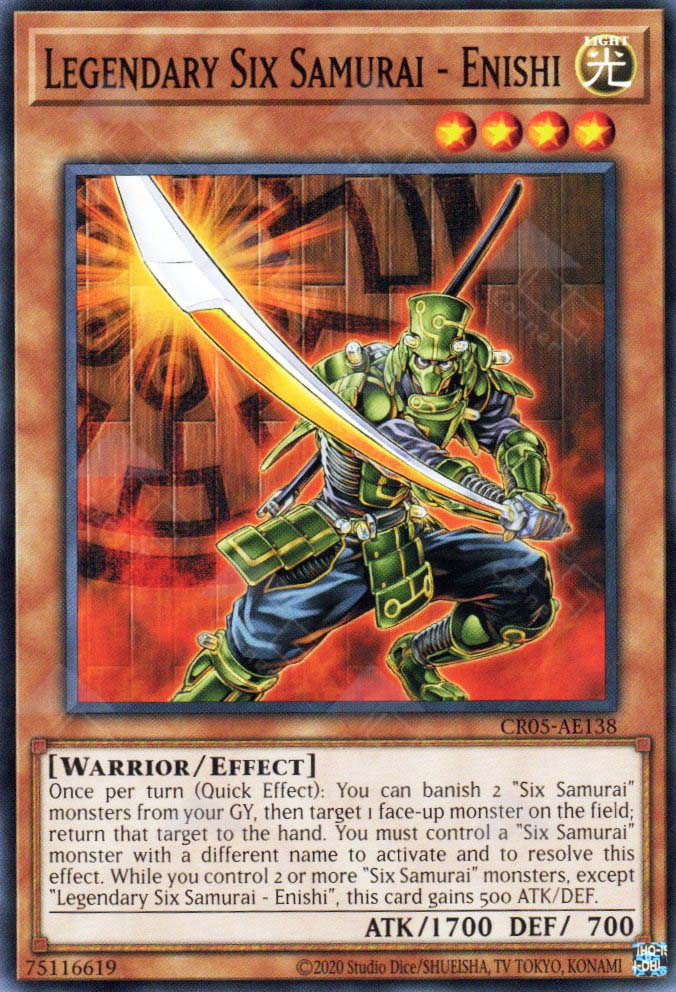 This is an image for the product Legendary Six Samurai - Enishi that has a rarity of Common in the Creation Pack 05 with a card code of CR05-AE138 that is available on the TEKKX Product website.