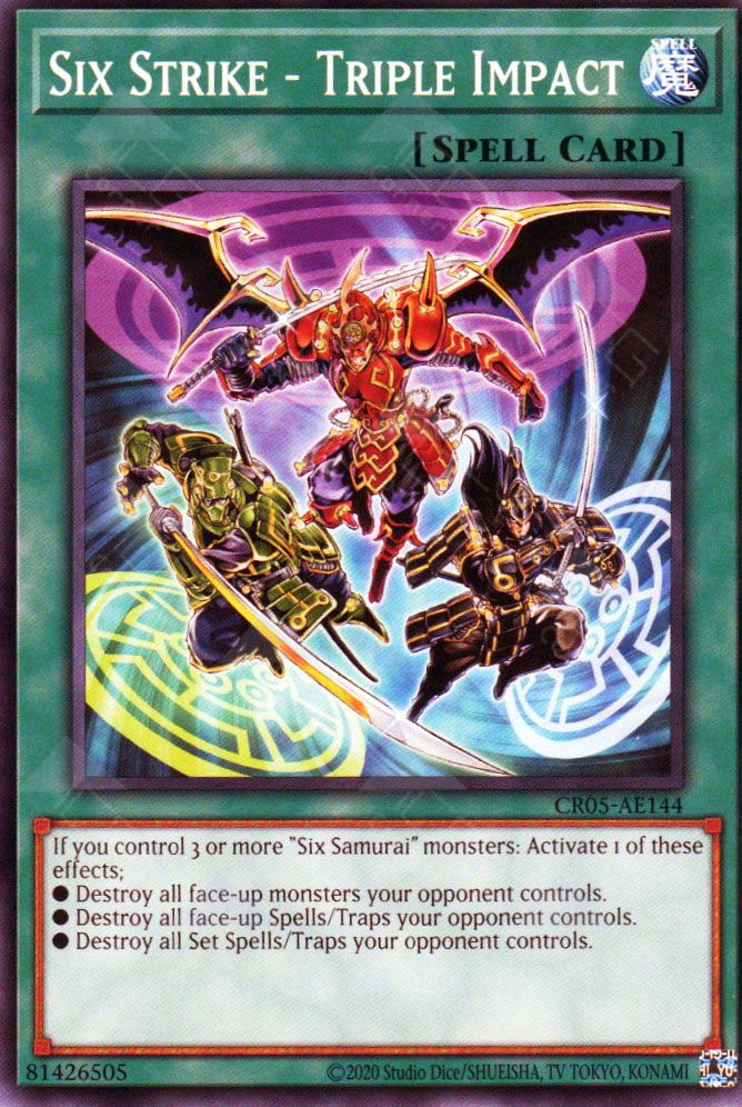 This is an image for the product Six Strike - Triple Impact that has a rarity of Common in the Creation Pack 05 with a card code of CR05-AE144 that is available on the TEKKX Product website.