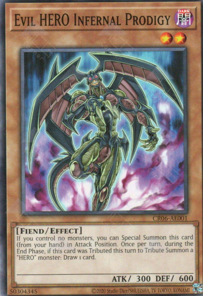 This is an image for the product Evil HERO Infernal Prodigy that has a rarity of Common in the Creation Pack 06 with a card code of CR06-AE001 that is available on the TEKKX Product website.