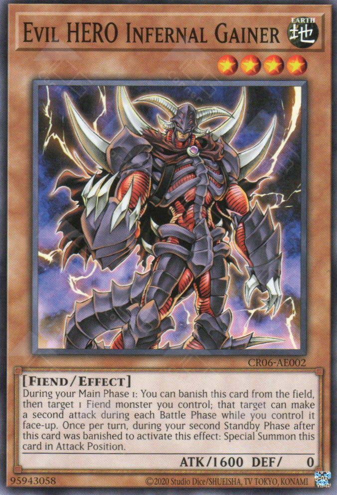 This is an image for the product Evil HERO Infernal Gainer that has a rarity of Common in the Creation Pack 06 with a card code of CR06-AE002 that is available on the TEKKX Product website.