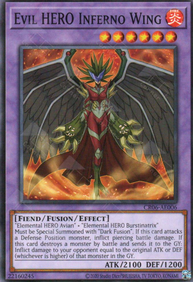 This is an image for the product Evil HERO Inferno Wing that has a rarity of Common in the Creation Pack 06 with a card code of CR06-AE006 that is available on the TEKKX Product website.