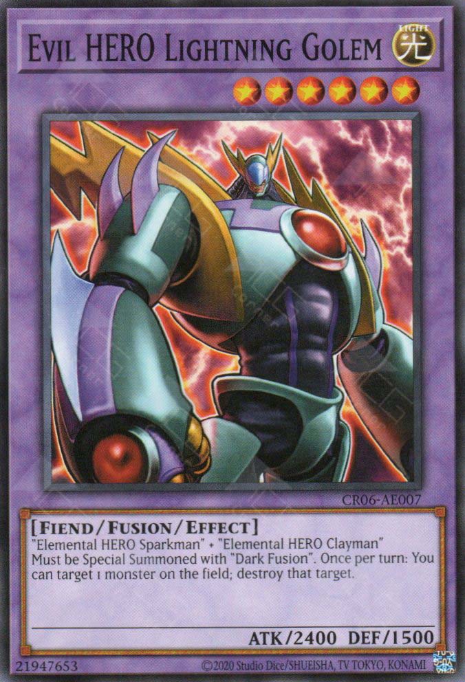 This is an image for the product Evil HERO Lightning Golem that has a rarity of Common in the Creation Pack 06 with a card code of CR06-AE007 that is available on the TEKKX Product website.