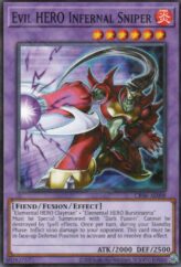 This is an image for the product Evil HERO Infernal Sniper that has a rarity of Common in the Creation Pack 06 with a card code of CR06-AE008 that is available on the TEKKX Product website.