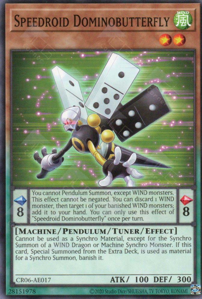 This is an image for the product Speedroid Dominobutterfly that has a rarity of Common in the Creation Pack 06 with a card code of CR06-AE017 that is available on the TEKKX Product website.