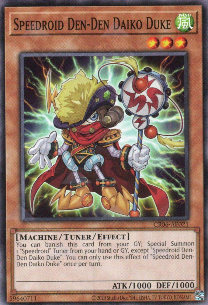 This is an image for the product Speedroid Den-Den Daiko Duke that has a rarity of Common in the Creation Pack 06 with a card code of CR06-AE021 that is available on the TEKKX Product website.