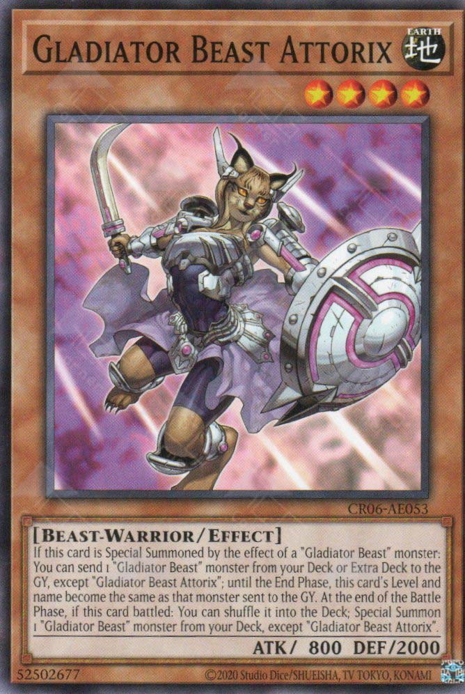 This is an image for the product Gladiator Beast Attorix that has a rarity of Common in the Creation Pack 06 with a card code of CR06-AE053 that is available on the TEKKX Product website.