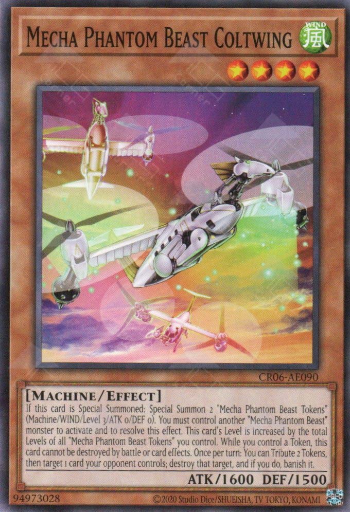This is an image for the product Mecha Phantom Beast Coltwing that has a rarity of Common in the Creation Pack 06 with a card code of CR06-AE090 that is available on the TEKKX Product website.
