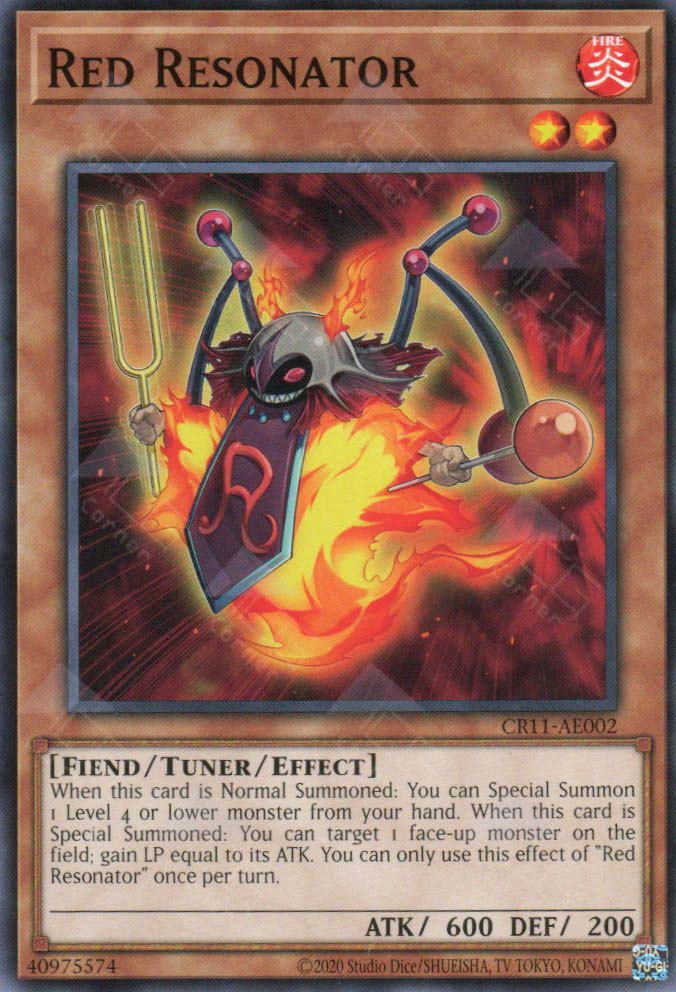 This is an image for the product Red Resonator that has a rarity of Common in the Creation Pack 11 with a card code of CR11-AE002 that is available on the TEKKX Product website.