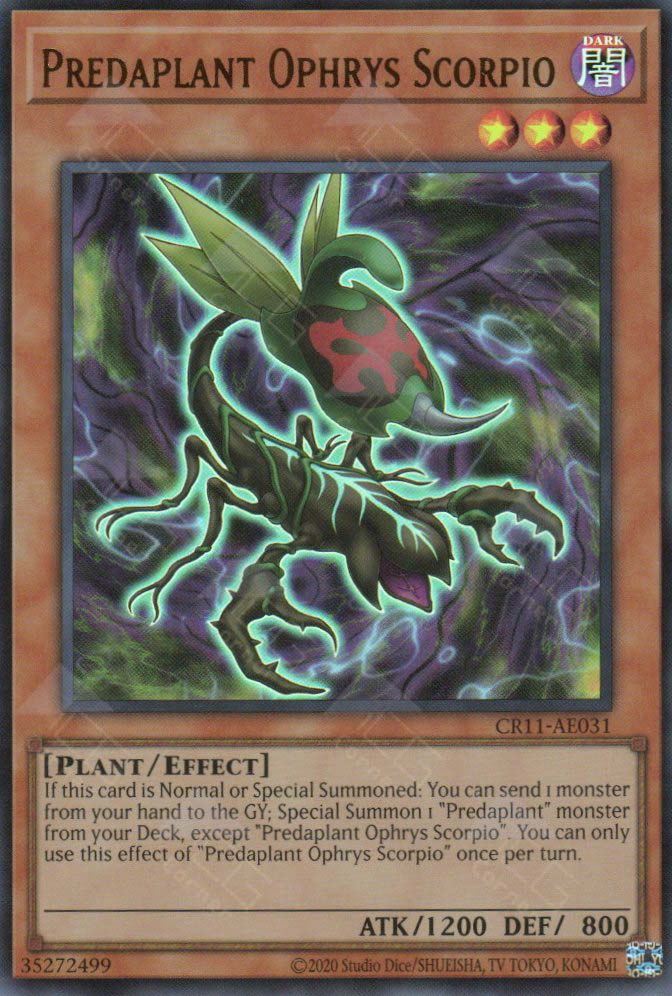 This is an image for the product Predaplant Ophrys Scorpio that has a rarity of Ultra Rare in the Creation Pack 11 with a card code of CR11-AE031 that is available on the TEKKX Product website.