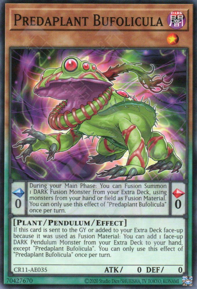 This is an image for the product Predaplant Bufolicula that has a rarity of Common in the Creation Pack 11 with a card code of CR11-AE035 that is available on the TEKKX Product website.