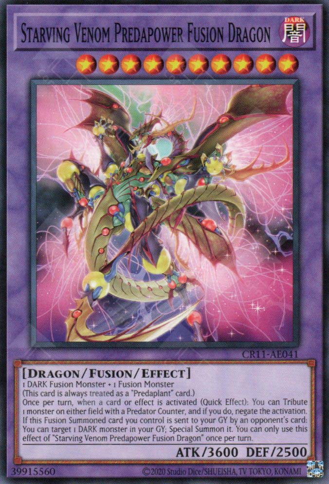 This is an image for the product Starving Venom Predapower Fusion Dragon that has a rarity of Common in the Creation Pack 11 with a card code of CR11-AE041 that is available on the TEKKX Product website.
