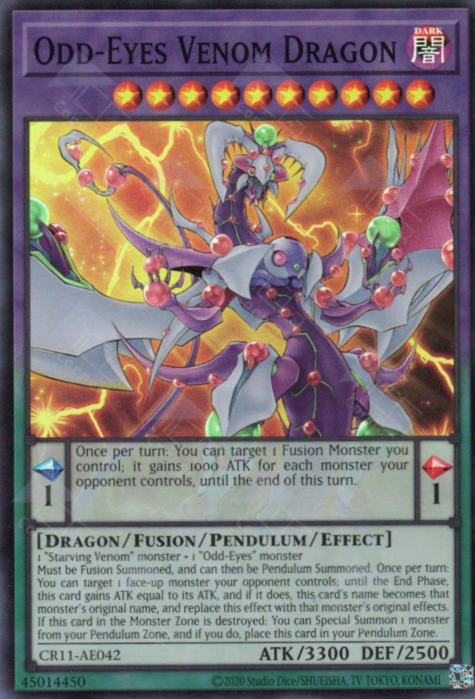 This is an image for the product Odd-Eyes Venom Dragon that has a rarity of Super Rare in the Creation Pack 11 with a card code of CR11-AE042 that is available on the TEKKX Product website.