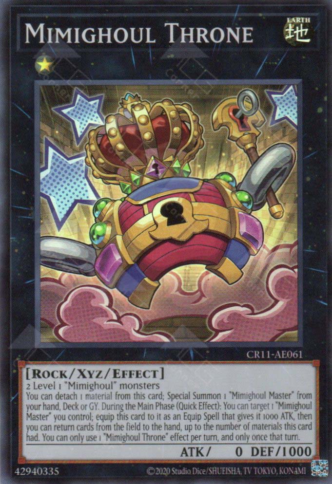 This is an image for the product Mimighoul Throne that has a rarity of Super Rare in the Creation Pack 11 with a card code of CR11-AE061 that is available on the TEKKX Product website.