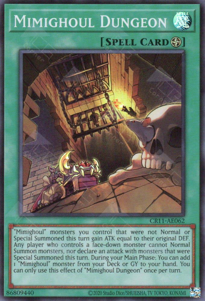 This is an image for the product Mimighoul Dungeon that has a rarity of Super Rare in the Creation Pack 11 with a card code of CR11-AE062 that is available on the TEKKX Product website.