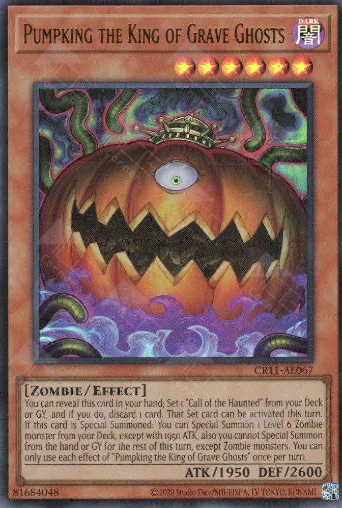 This is an image for the product Pumpking the King of Grave Ghosts that has a rarity of Ultra Rare in the Creation Pack 11 with a card code of CR11-AE067 that is available on the TEKKX Product website.
