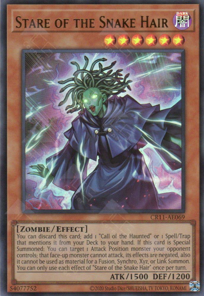 This is an image for the product Stare of the Snake Hair that has a rarity of Ultra Rare in the Creation Pack 11 with a card code of CR11-AE069 that is available on the TEKKX Product website.