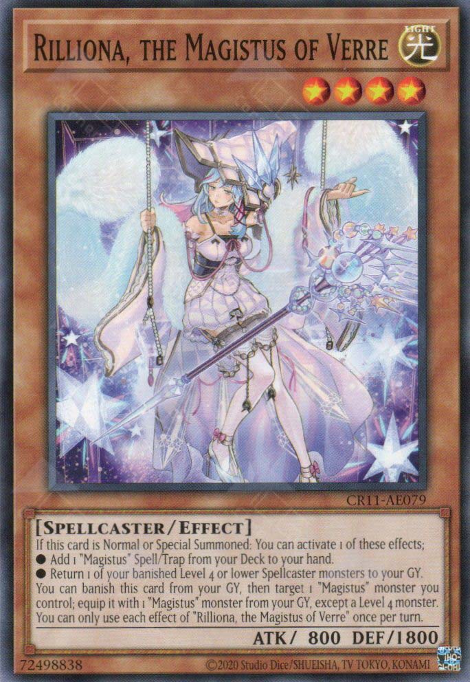 This is an image for the product Rilliona, the Magistus of Verre that has a rarity of Common in the Creation Pack 11 with a card code of CR11-AE079 that is available on the TEKKX Product website.