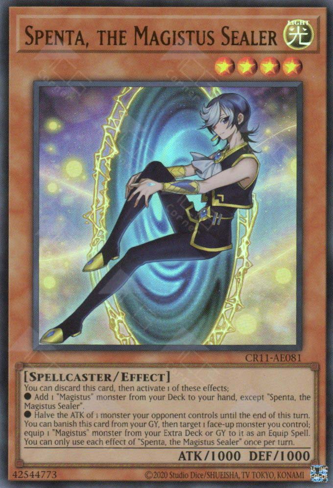 This is an image for the product Spenta, the Magistus Sealer that has a rarity of Ultra Rare in the Creation Pack 11 with a card code of CR11-AE081 that is available on the TEKKX Product website.