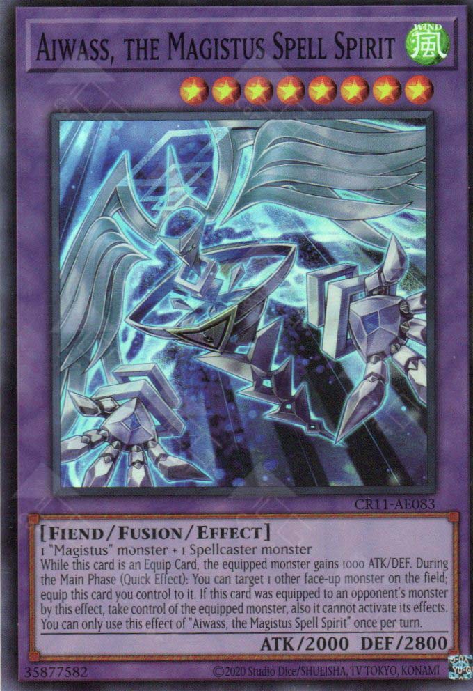 This is an image for the product Aiwass, the Magistus Spell Spirit that has a rarity of Super Rare in the Creation Pack 11 with a card code of CR11-AE083 that is available on the TEKKX Product website.