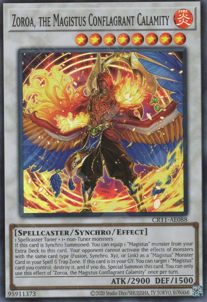 This is an image for the product Zoroa, the Magistus Conflagrant Calamity that has a rarity of Super Rare in the Creation Pack 11 with a card code of CR11-AE088 that is available on the TEKKX Product website.