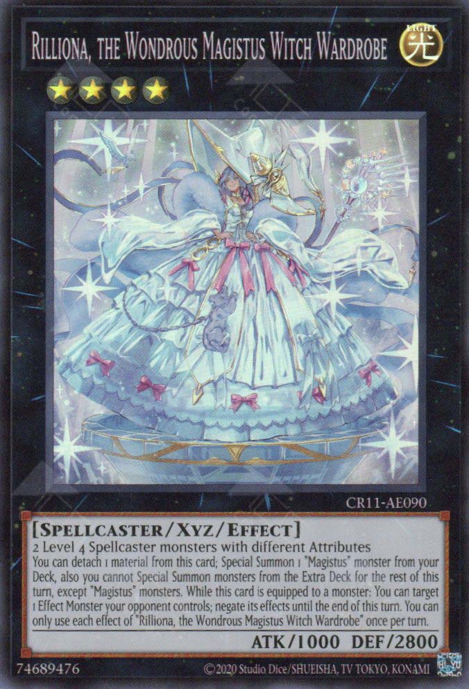 This is an image for the product Rilliona, the Wondrous Magistus Witch Wardrobe that has a rarity of Super Rare in the Creation Pack 11 with a card code of CR11-AE090 that is available on the TEKKX Product website.